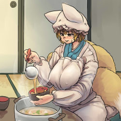 Rule 34 | 1girl, animal hat, blonde hair, blush, breasts, chanta (ayatakaoisii), covered erect nipples, cowboy shot, cup, food, fox tail, hat, huge breasts, indoors, kitchen, ladle, long sleeves, looking down, mob cap, multiple tails, parted lips, mob cap, pot, puffy long sleeves, puffy sleeves, room, seiza, short hair, sitting, smile, solo, soup, table, tail, tatami, thighs, touhou, yakumo ran, yellow eyes