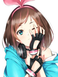 Rule 34 | 1girl, absurdres, black gloves, blue eyes, blue jacket, bracelet, brown hair, choker, collarbone, fingerless gloves, gloves, hairband, hand on own cheek, hand on own face, headphones, headphones around neck, highres, jacket, jewelry, kizuna ai, kizuna ai (a.i. games), kizuna ai inc., looking at viewer, off shoulder, official alternate costume, one eye closed, pink hairband, short hair, simple background, solo, tele cus, upper body, virtual youtuber, white background