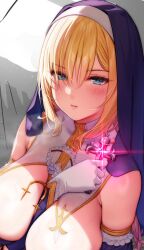 Rule 34 | 1girl, bare shoulders, blonde hair, blue eyes, blush, breasts, cleavage, closed mouth, cross, detached sleeves, from above, gloves, glowing, glowing cross, habit, highres, holding, holding cross, large breasts, long hair, looking at viewer, nun, ogre (illustogre), original, unfinished, veil, white gloves