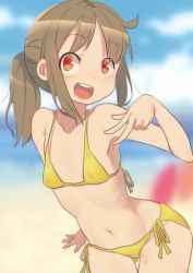 Rule 34 | 1girl, akame-chan (kyo-yan), arm up, beach, bikini, borrowed character, breasts, brown hair, cloud, covered erect nipples, gluteal fold, halterneck, highres, leaning forward, long hair, looking at viewer, navel, ocean, open mouth, original, outdoors, ponytail, red eyes, rosia san, side-tie bikini bottom, sky, small breasts, smile, solo, swimsuit, thigh gap, v, yellow bikini