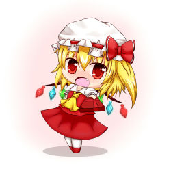 Rule 34 | 1girl, ascot, blonde hair, blush, box, chibi, fang, female focus, flandre scarlet, gift, gift box, hat, hat ribbon, oohirakeisuke, open mouth, outstretched hand, red eyes, ribbon, shirt, side ponytail, skirt, skirt set, solo, embodiment of scarlet devil, touhou, valentine, wings