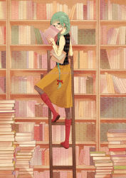 Rule 34 | 1girl, ami7, bad id, bad pixiv id, bespectacled, book, bookshelf, boots, braid, french text, glasses, green eyes, green hair, hatsune miku, ladder, long hair, matching hair/eyes, pantyhose, skirt, smile, solo, twin braids, twintails, very long hair, vocaloid