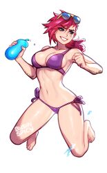 Rule 34 | 1girl, alternate costume, artist name, balloon, barefoot, blue eyes, blushyspicy, breasts, cleavage, collarbone, grin, hair between eyes, holding, holding balloon, jumping, large breasts, league of legends, long hair, navel, outline, red hair, shiny skin, smile, solo, stomach, sunglasses, teeth, transparent background, vi (league of legends), white outline