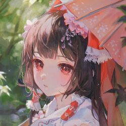 Rule 34 | 1girl, :o, blunt bangs, blurry, blurry background, bow, brown hair, close-up, eyelashes, flower, frilled bow, frilled hair tubes, frills, hair bow, hair flower, hair ornament, hair ribbon, hair tubes, hakurei reimu, highres, leaf, long hair, looking at viewer, maccha (mochancc), oil-paper umbrella, open mouth, outdoors, painterly, parted lips, pink flower, plant, red bow, red eyes, red ribbon, ribbon, solo, touhou, tree, umbrella