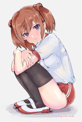 Rule 34 | 1girl, absurdres, alice gear aegis, ass, black thighhighs, blue eyes, breasts, brown hair, buruma, crossed arms, from side, gym uniform, highres, kimikage yui, knees to chest, leg up, legs, looking at viewer, rasen manga, red buruma, shirt, shoes, short hair, short sleeves, solo, squatting, thighhighs, thighs, twintails, white footwear, white shirt