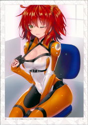 Rule 34 | 1girl, absurdres, akahito, blush, bodysuit, breasts, chair, cleavage, covered navel, fate/grand order, fate (series), fujimaru ritsuka (female), fujimaru ritsuka (female) (chaldea combat uniform), gloves, highres, medium breasts, office chair, official alternate costume, one eye closed, open mouth, page number, red hair, scan, shiny clothes, shiny skin, side ponytail, sitting, skin tight, solo, sweat, sweatdrop, swivel chair, tattoo, yellow eyes