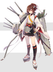 Rule 34 | 1girl, arrow (projectile), black skirt, black socks, bow (weapon), brown eyes, brown hair, brown hakama, cannon, close-up, colis, commentary request, flight deck, frilled skirt, frills, full body, hachimaki, hair ribbon, hakama, hakama skirt, headband, highres, holding, holding weapon, ise (kancolle), ise kai ni (kancolle), japanese clothes, kantai collection, katana, kneehighs, long sleeves, looking at viewer, machinery, nontraditional miko, pleated skirt, ponytail, ribbon, sandals, sheath, sheathed, short hair, sidelighting, simple background, skin tight, skirt, smug, socks, solo, standing, sword, turret, undershirt, underskirt, weapon, white background