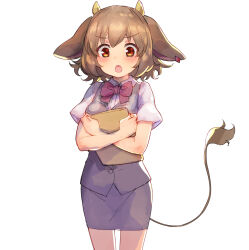 Rule 34 | 1girl, animal ears, black skirt, black vest, bow, breasts, brown hair, collared shirt, cow ears, cow girl, cow horns, cow tail, dress shirt, highres, holmy (show by rock!!), horns, looking at viewer, medium breasts, nyama, hugging object, pencil skirt, red bow, red eyes, shirt, short sleeves, show by rock!!, simple background, skirt, solo, standing, tail, v-shaped eyebrows, vest, white background, white shirt