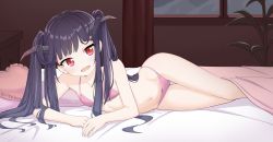 Rule 34 | absurdres, bed, black hair, blue archive, breasts, collarbone, commentary, fuuka (blue archive), highres, horns, long hair, looking at viewer, lying, navel, on side, open mouth, panties, pillow, red eyes, ribbonsnek, small breasts, twintails, underwear, window