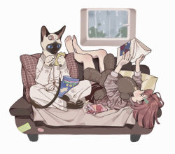 Rule 34 | 2girls, bag of chips, bare legs, barefoot, blue eyes, book, brown eyes, cat, chakanyuantu, couch, furry, hair ornament, hairclip, highres, multiple girls, open book, original, pillow, profile, sitting, stuffed animal, stuffed toy, teddy bear, upside-down, window