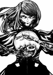 Rule 34 | 1boy, 1girl, absurdres, closed mouth, euqarcia, glasses, highres, kamishiro rize, kaneki ken, long hair, looking at viewer, mask, monochrome, one eye covered, scar, scar on arm, scar on face, semi-rimless eyewear, short hair, smile, tokyo ghoul, upper body, wide sleeves