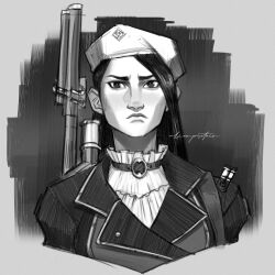 Rule 34 | 1girl, absurdres, alienprotein, arcane: league of legends, arcane caitlyn, artist name, caitlyn (league of legends), choker, cropped torso, frown, grey background, greyscale, gun, hat, highres, holding, jacket, league of legends, long hair, monochrome, rifle, sniper rifle, upper body, weapon, weapon on back