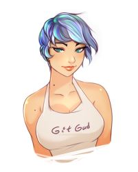 Rule 34 | 1girl, bare shoulders, blue hair, breasts, cleavage, green eyes, highres, lips, looking at viewer, mole, shirt, short hair, smile, solo, superboin, upper body