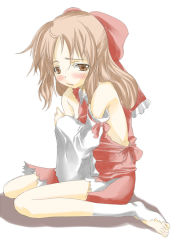 Rule 34 | 1girl, barefoot, blush, bow, brown eyes, brown hair, detached sleeves, female focus, full body, hair bow, hakurei reimu, japanese clothes, no bra, socks, solo, tears, torn clothes, touhou, white background, yohane