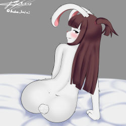 Rule 34 | 1girl, absurdres, animal ears, artist request, ass, blush, brown eyes, brown hair, from behind, furrification, furry, furry female, highres, kagari atsuko, little witch academia, long hair, looking back, rabbit ears, rabbit tail, solo, tail