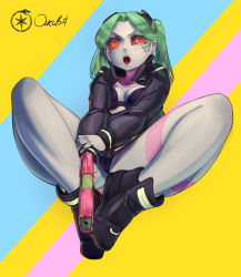 Rule 34 | 1girl, black bra, black footwear, black jacket, black pantyhose, blue background, boots, bra, breasts, cameltoe, cleavage, cleft of venus, colored sclera, colored skin, cyberpunk (series), cyberpunk edgerunners, full body, green eyes, green hair, grey skin, gun, highres, holding, holding gun, holding weapon, jacket, long hair, long sleeves, looking to the side, medium breasts, multicolored background, multicolored clothes, open mouth, ourobot, pantyhose, pink background, rebecca (cyberpunk), red eyes, red sclera, sitting, solo, spread legs, teeth, tongue, twintails, underwear, upper teeth only, weapon, yellow background
