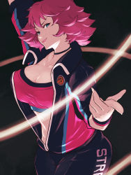 Rule 34 | 1girl, arm over head, black background, breasts, choker, commentary request, cowboy shot, crop top, glowing, highres, jacket, large breasts, lipstick, looking at viewer, makeup, medium hair, midriff, pink hair, poison (final fight), smirk, solo, street fighter, wristband, yuenibushi