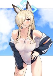 Rule 34 | 1girl, alternate costume, animal ear fluff, animal ears, bent over, blue archive, blue eyes, blue halo, blue jacket, blue sky, breasts, cloud, cloudy sky, collarbone, competition swimsuit, covered navel, cropped jacket, dog ears, hair over one eye, halo, hand on own hip, highleg, highleg one-piece swimsuit, highres, jacket, kanna (blue archive), kanna (swimsuit) (blue archive), large breasts, leotard, looking at viewer, official alternate costume, one-piece swimsuit, open clothes, open jacket, see-through clothes, sgmh0519, sharp teeth, sky, swimsuit, teeth, water drop, wet, wet clothes