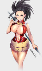 Rule 34 | 1girl, absurdres, bad id, bad pixiv id, black eyes, black hair, blush, boku no hero academia, breasts, center opening, cleavage, collarbone, commentary request, highres, holding, holding weapon, koda1ra, large breasts, long hair, looking at viewer, navel, ponytail, simple background, smile, solo, weapon, yaoyorozu momo