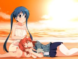 Rule 34 | 2girls, bare legs, bare shoulders, barefoot, beach, blue eyes, blue hair, blue skirt, blush, closed eyes, closed mouth, cloud, collarbone, commentary request, dress, flat chest, halterneck, inokuma youko, jacket, kin-iro mosaic, komichi aya, lap pillow, long hair, looking to the side, lying, multiple girls, nora ichigo, ocean, on side, red hair, seiza, shirt, short hair, sitting, skirt, sleeveless, sleeveless dress, sleeves rolled up, smile, striped clothes, striped shirt, sun, sundress, sunset, twintails, white dress