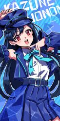 Rule 34 | 1girl, :d, arm up, belt, blue background, blue belt, blue hair, blue hat, blue jacket, blue ribbon, blue skirt, character name, collared shirt, commentary request, cowboy shot, denonbu, detached sleeves, hand up, hat, highres, jacket, long hair, looking at viewer, neck ribbon, official alternate costume, open mouth, peaked cap, pleated skirt, red eyes, ribbon, shinonome kazune, shirt, skirt, sleeveless, sleeveless jacket, smile, solo, standing, wanowanoji67, white shirt