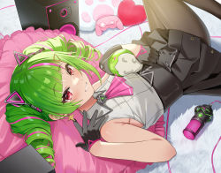 Rule 34 | 1girl, black skirt, blush, collar, corset, delutaya, drill hair, earrings, green hair, hatsuno xxx, highres, indie virtual youtuber, jewelry, looking at viewer, lying, microphone, on back, pantyhose, pillow, pink hair, red eyes, shirt, skirt, sleeveless, sleeveless shirt, smile, solo, speaker, twin drills, twintails, virtual youtuber