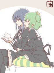 Rule 34 | 2girls, antenna hair, artist name, assault lily, bed, black hair, black ribbon, black skirt, black thighhighs, book, breasts, brown background, buttons, closed eyes, commentary, cropped jacket, crossed legs, frilled skirt, frills, from side, gochisousama (tanin050), green hair, green thighhighs, hair between eyes, hair ribbon, hands up, head on another&#039;s shoulder, heads together, high-waist skirt, highres, holding, holding book, hug, hug from behind, interlocked fingers, juliet sleeves, large breasts, leg ribbon, light blush, long hair, long sleeves, looking at object, looking down, miniskirt, multicolored thighhighs, multiple girls, no shoes, on bed, open book, open mouth, own hands together, parted lips, profile, puffy sleeves, purple eyes, reading, ribbon, school uniform, shirai yuyu, shirt, short hair, sidelocks, sitting, skirt, striped clothes, striped thighhighs, thigh ribbon, thighhighs, two-tone background, two side up, wariza, white background, white shirt, yellow ribbon, yellow thighhighs, yoshimura thi mai, yuri, yurigaoka girls academy school uniform, zettai ryouiki