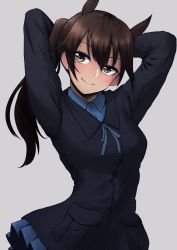 Rule 34 | 1girl, angela salas larrazabal, arms behind head, arms up, black jacket, blouse, blue ribbon, blue shirt, blue skirt, blue sky, blush, breast pocket, brown eyes, brown hair, cowboy shot, highres, jacket, liar lawyer, long hair, neck ribbon, pocket, ribbon, shirt, side ponytail, skirt, sky, smile, solo, white background, world witches series