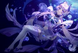 Rule 34 | 1girl, absurdres, air bubble, bare shoulders, bow-shaped hair, bubble, closed mouth, colored tips, detached collar, detached sleeves, genshin impact, gloves, half gloves, highres, jellyfish, long hair, long sleeves, looking at viewer, multicolored hair, navel, pink hair, purple eyes, sandals, sangonomiya kokomi, sidelocks, smile, souluu1019, thighhighs, white gloves, white thighhighs, wide sleeves
