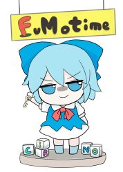 Rule 34 | 1girl, blue bow, blue dress, blue eyes, blue footwear, blue hair, bow, bowtie, character doll, character name, cirno, collared shirt, cube, doll, dress, english text, flat chest, fumo (doll), highres, ice, ice wings, key, long dress, looking at viewer, neck ribbon, pinafore dress, poppy playtime, puffy short sleeves, puffy sleeves, red bow, red bowtie, rei (tonbo0430), ribbon, shaded face, shirt, short dress, short hair, short sleeves, simple background, sleeveless dress, smile, solo, touhou, v-shaped eyebrows, white background, white shirt, wings