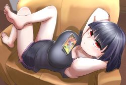 Rule 34 | 1girl, absurdres, bare arms, bare legs, bare shoulders, barefoot, black hair, breasts, cellphone, couch, crossed legs, highres, large breasts, looking at viewer, lying, original, phone, red eyes, shirt, short hair, shorts, smartphone, soles, solo, toenails, toes, yuzu gin (pika97)