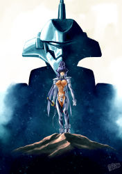 Rule 34 | 1girl, blue eyes, blue hair, breasts, clenched hand, covered erect nipples, fortified suit, gundam, highres, holding, holding sword, holding weapon, large breasts, long hair, mecha, mitsurugi meiya, mobile suit gundam, muv-luv, muv-luv alternative, parody, pilot suit, popgun (22882502), robot, science fiction, sword, tactical surface fighter, type 97 fubuki, very long hair, visor, weapon