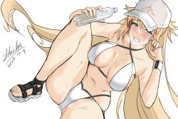 Rule 34 | 1girl, absurdres, artoria caster (fate), artoria caster (swimsuit) (fate), artoria caster (swimsuit) (first ascension) (fate), artoria pendragon (fate), baseball cap, bikini, black footwear, blonde hair, bottle, breasts, breasts apart, criss-cross halter, dutch angle, fate/grand order, fate (series), green eyes, halterneck, hat, highres, holding, holding bottle, jacket, large breasts, long hair, looking at viewer, navel, parted lips, sandals, scratching cheek, shiki (love-saber), shrug (clothing), smile, solo, swimsuit, twintails, white background, white bikini, white hat, white jacket, white wristband