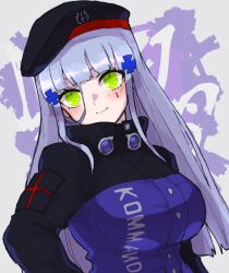 Rule 34 | 1girl, beret, black hat, blue hair, blush, breasts, clothes writing, commentary request, girls&#039; frontline, green eyes, hair between eyes, hair ornament, hat, highres, hk416 (girls&#039; frontline), jacket, large breasts, long hair, looking at viewer, murachan (kuzukago), smile, solo, teardrop facial mark, upper body