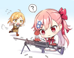 Rule 34 | 2girls, :3, ?, ahoge, assault rifle, bad id, bad pixiv id, bipod, blush, brown hair, bullet, commentary, commentary request, flying sweatdrops, galil (girls&#039; frontline), girls&#039; frontline, gloves, gun, hair ornament, hexagram, hitting, imi galil, kneeling, long hair, machine gun, multiple girls, negev (girls&#039; frontline), open mouth, pink hair, red eyes, ribbon, rifle, side ponytail, simple background, speech bubble, spoken question mark, star of david, suyamori, sweatdrop, weapon, yellow eyes, aged down