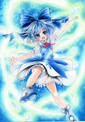 Rule 34 | 1girl, ankle socks, blue background, blue eyes, blue hair, bow, cirno, colored pencil (medium), dated, dress, gradient background, hair bow, ice, jumping, knee up, light trail, looking at viewer, mary janes, matching hair/eyes, mosho, open mouth, outstretched arms, painting (medium), panties, pantyshot, petticoat, ribbon, ribbon-trimmed legwear, ribbon trim, shoes, short hair, short sleeves, signature, socks, solo, spread arms, standing, striped clothes, striped panties, touhou, traditional media, underwear, watercolor (medium), wings