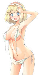 Rule 34 | 1girl, alice margatroid, arnest, bikini, blonde hair, blue eyes, breasts, bright pupils, cleavage, commentary, frilled hairband, frills, groin, hairband, highres, large breasts, looking at viewer, navel, open mouth, red hairband, short hair, simple background, smile, solo, swimsuit, touhou, undone bikini, w, white background, white bikini, white pupils