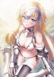 Rule 34 | 1girl, absurdres, adapted costume, armor, armored boots, bare shoulders, bikini, bikini armor, black legwear, blonde hair, blue eyes, blurry, blush, boots, breasts, cleavage, eyelashes, fate/apocrypha, fate/grand order, fate (series), from above, fur trim, gauntlets, gorget, headpiece, heirou, highres, jeanne d&#039;arc (fate), jeanne d&#039;arc (ruler) (fate), jeanne d&#039;arc (third ascension) (fate), light particles, light rays, long hair, looking at viewer, medium breasts, navel, parted lips, scan, side-tie bikini bottom, sitting, smile, solo, stomach, strap gap, string bikini, sunbeam, sunlight, swimsuit, very long hair, wariza, white bikini