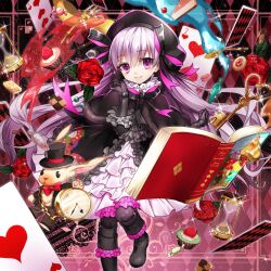 Rule 34 | 1girl, ace (playing card), ace of hearts, black bow, black bowtie, book, bow, bowtie, cake, cake slice, candy, card, cupcake, doll joints, fate/extra, fate (series), flower, food, fork, fruit, hat, heart, highres, hourglass, joints, key, macaron, nursery rhyme (fate), open book, playing card, pocket watch, purple eyes, purple hair, red flower, red rose, rose, smile, solo, spoon, strawberry, three of hearts, top hat, tsukasa kinako, two of hearts, vial, watch, white rabbit (alice in wonderland)