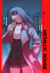 Rule 34 | 1girl, absurdres, black choker, black hair, black overalls, black shorts, blunt bangs, candy, cemony, chocolate, chocolate bar, choker, cityscape, coat, eating, food, highres, light particles, long hair, metallic rouge, multicolored hair, overalls, pendant choker, pillarboxed, pink eyes, pink hair, red coat, rouge redstar, shirt, shorts, solo, streaked hair, trench coat