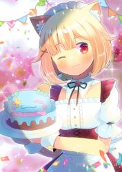 Rule 34 | 1girl, ;), animal ear fluff, animal ears, black skirt, blonde hair, blouse, blurry, blurry background, blush, cake, commentary request, commission, confetti, depth of field, food, hair ornament, holding, holding plate, kou hiyoyo, looking at viewer, one eye closed, original, pennant, plate, puffy short sleeves, puffy sleeves, red eyes, shirt, short sleeves, skeb commission, skirt, smile, solo, sparkle, string of flags, virtual youtuber, white shirt, wrist cuffs, x hair ornament