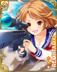 Rule 34 | 1girl, aiming, blue skirt, brown eyes, brown hair, card (medium), day, girlfriend (kari), gun, looking at viewer, low twintails, lying, official art, on stomach, open mouth, outdoors, pleated skirt, qp:flapper, red neckwear, rifle, sailor uniform, school, school uniform, shirt, skirt, smile, sniper rifle, socks, solo, tagme, tamai remi, teeth, tied sweater, twintails, upper teeth only, weapon, white shirt