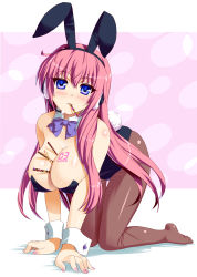 Rule 34 | 1girl, all fours, alternate costume, animal ears, arm support, bare arms, bare shoulders, between breasts, black leotard, blue eyes, blush, body blush, bow, bowtie, breast tattoo, breasts, brown pantyhose, cleavage, detached collar, fake animal ears, female focus, food, full body, hair between eyes, headphones, headset, highres, kawase seiki, large breasts, leotard, long hair, looking at viewer, megurine luka, mouth hold, nail polish, pantyhose, pink hair, playboy bunny, pocky, purple bow, purple bowtie, rabbit ears, rabbit tail, shadow, shiny skin, solo, strapless, strapless leotard, tail, tattoo, v arms, very long hair, vocaloid, wrist cuffs