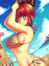 1girl arms_up beach bikini black_bow blue_eyes blue_sky bow breasts cloud day dutch_angle female_focus hair_bow hair_bun kenron_toqueen large_breasts looking_at_viewer ocean original outdoors revision side-tie_bikini_bottom sideboob single_hair_bun sky smile solo strap_gap striped_bikini striped_clothes swimsuit tomatita topknot underboob