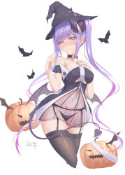 Rule 34 | 1girl, absurdres, alternate breast size, bare shoulders, bat (animal), bat wings, bibi (tokoyami towa), black dress, black hat, black thighhighs, blush, breasts, center frills, choker, clothing cutout, contrapposto, cropped legs, curled horns, demon girl, demon horns, demon tail, dress, ear piercing, embarrassed, frills, garter belt, green eyes, hair in own mouth, hair ornament, hairclip, halloween, hat, highres, hololive, horn piercing, horns, jack-o&#039;-lantern, large breasts, lingerie, looking at viewer, low wings, mini hat, multicolored hair, narrow waist, navel piercing, o-ring, o-ring choker, piercing, pointy ears, pubic tattoo, purple hair, see-through, short dress, sidelocks, skin tight, solo, spaghetti strap, strap pull, streaked hair, tail, tattoo, thighhighs, thong, tokoyami towa, tr24, twintails, underboob cutout, underwear, undressing, virtual youtuber, wide hips, wings, witch hat