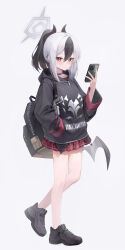 Rule 34 | 1girl, 29hyeon, absurdres, backpack, bag, black bag, black choker, black footwear, black hair, black hoodie, blue archive, cellphone, choker, closed mouth, commentary request, ear piercing, expressionless, full body, halo, hand up, highres, holding, holding phone, hood, hood down, hoodie, horns, kayoko (blue archive), long hair, long sleeves, looking at viewer, low wings, multicolored hair, phone, piercing, plaid, plaid skirt, pleated skirt, ponytail, print hoodie, red eyes, red skirt, shoes, sidelocks, simple background, single wing, skirt, smartphone, sneakers, solo, two-tone hair, white background, white hair, wings