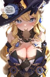Rule 34 | 1girl, absurdres, artist name, bare shoulders, black gloves, blonde hair, blue dress, blue eyes, blush, breasts, cleavage, clothes pull, commentary, detached sleeves, dress, drill hair, english commentary, english text, flower, genshin impact, gloves, hat, hat flower, highres, jewelry, korean commentary, large breasts, long hair, looking at viewer, mixed-language commentary, mole, mole on breast, mouth hold, navia (genshin impact), open mouth, paid reward available, pendant, rose, simple background, solo, speech bubble, twitter username, upper body, vitashogun, white background