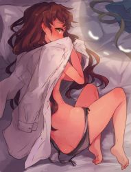 Rule 34 | 1girl, ass, barefoot, bed sheet, blush, brown eyes, brown hair, butt crack, dimples of venus, from above, grey panties, isuzu (log horizon), log horizon, long hair, looking at viewer, looking back, lying, mo (deciliter), on side, open clothes, open shirt, panties, pillow, polka dot, polka dot panties, shirt, smile, soles, solo, topless, underwear, underwear only, very long hair, white polka dots, white shirt