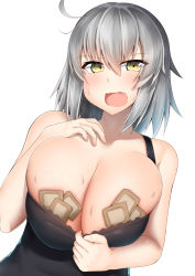 Rule 34 | 1girl, ahoge, bandaid, bandaids on nipples, bare shoulders, blush, breasts, bursting breasts, cleavage, cleavage reach, eyes visible through hair, fang, fate/grand order, fate (series), grey hair, highres, huge breasts, jeanne d&#039;arc (fate), jeanne d&#039;arc alter (fate), kitajima yuuki, long hair, looking at viewer, no bra, open mouth, pasties, simple background, solo, sweat, upper body, veins, veiny breasts, white background, yellow eyes