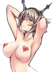 Rule 34 | 10s, 1girl, armpits, arms behind head, arms up, bad id, bad twitter id, blush, breasts, brown hair, covered erect nipples, green eyes, headgear, heart pasties, kantai collection, large breasts, looking at viewer, mutsu (kancolle), nipples, nude, one eye closed, open mouth, pasties, perky breasts, personification, short hair, solo, sweat, ulrich (tagaragakuin), upper body, white background, wink